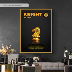 Gold Knight - Schachfiguren Print, Wandkunst, Schachfiguren und Spielzüge sichtbar gemacht, Schachlernblatt, Schachliebhaber Geschenkidee