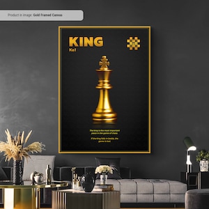 Gold King - Schachfiguren Print, Wandkunst, Schachfiguren und Spielzüge sichtbar gemacht, Schachlernblatt, Schachliebhaber Geschenkidee