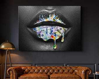 Abstract Money Lips Canvas Wall Art – Bold Modern Decor