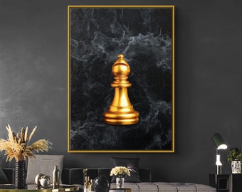 Gold Bishop on Marble - Chess Piece Canvas Wall Art, Chess Piece Art, Chess Lover Gift