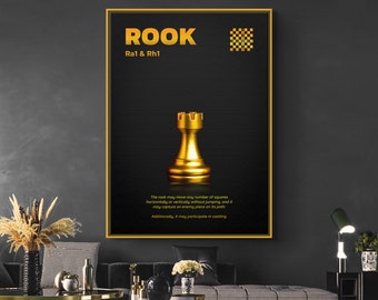 Gold Rook - Chess Piece Print Wall Art, Chess Pieces and Moves Visualized, Chess Learning Sheet, Chess Lover Gift Idea