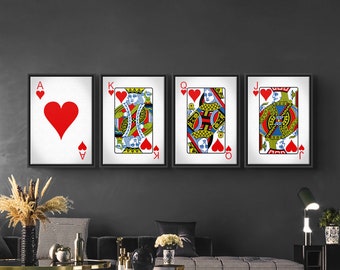 AKQJ of Hearts - Playing Cards Canvas Wall Art Set of Four, Playing Card Print, Cool Man Cave or Basement Game Room Decor