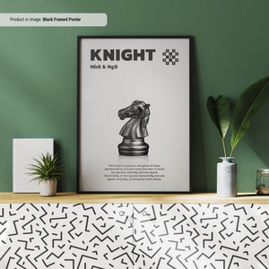 Caballero Negro - Arte de pared con impresión de piezas de ajedrez, piezas y movimientos de ajedrez visualizados, hoja de aprendizaje de ajedrez, idea de regalo para amantes del ajedrez