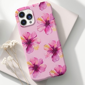 Pink Floral Hibiscus Phone Case, Girly Phone Case iPhone 16 15 14 13 12 11 Pro Max Samsung Galaxy S23 S24 S22 Plus Ultra Google Pixel 8 9