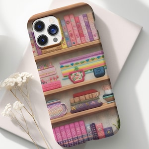 Pink Floral Bookshelf Phone Case, Vintage Bookish Flower Aesthetic, iPhone 16 15 14 13, Galaxy and Pixel Case, Cute Book Lover Gift