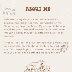 May include: A brown text graphic with the words "ABOUT ME" in a retro font. The text is on a cream background with a brown floral design and a brown illustration of a mother sheep and two lambs.
