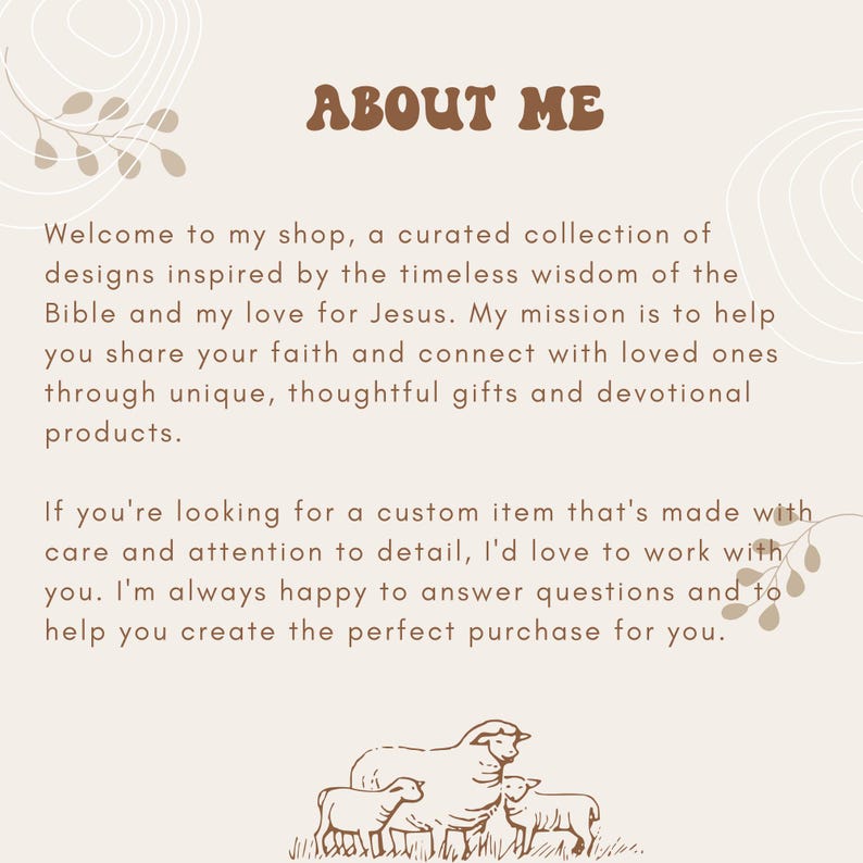 May include: A brown text graphic with the words "ABOUT ME" in a retro font. The text is on a cream background with a brown floral design and a brown illustration of a mother sheep and two lambs.