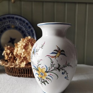 Vintage Moustiers Earthenware Vase signed by Sallier. French Majolica. Birds, Insects, and Flowers.