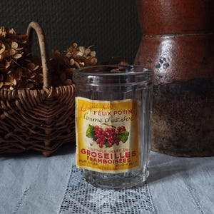 Antique Félix Potin Glass Jam Jar, 1950s Paper Label, Redcurrant and Raspberry Jelly.
