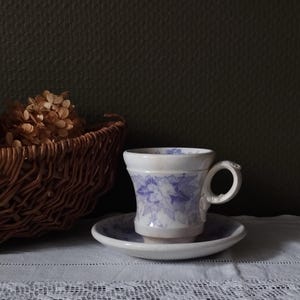 Antique Sarreguemines Bryona Mauve Transferware Brulot Cup and Saucer.