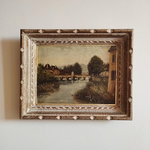 Antique Original Painting depicting the Aube Bridge at Bar-sur-Aube, France. Oil on cardboard signed GILLET.