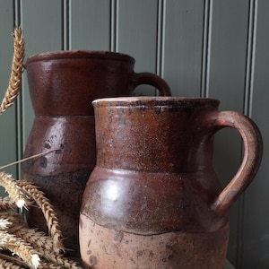 Antique Glazed Terracotta Pitcher. Brown Semi-Glazed Terracotta Jug. Large Dried Flowers Vase.