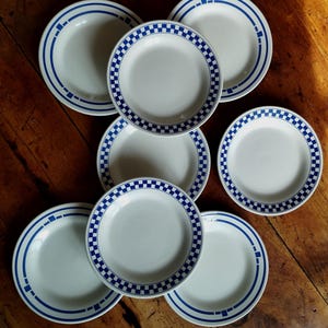 Vintage Oxford Brazil 9&quot; Dinner Plates x8. Lustucru Blue Checkboard Plates.