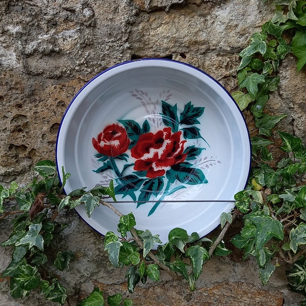 Petite bassine en tôle émaillée BUMPER HARVEST. Assiette creuse vintage Made in China. Déco jardin campagne. Récipient vintage Chinois.