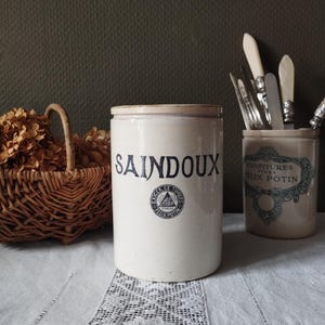 Ancien grand pot Saindoux Félix Potin. Rare pot en faïence terre de fer estampille Luneville 1920s.