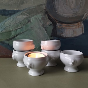 x6 Vintage White Porcelain Mini Tureens, Small Pots with Lion Head Handles, Upcycled Candles Holder.