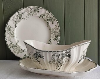 French Antique Ironstone Sauce Boat on Stand - LONGWY « Réjane » - Green Transferware - Antique Creamware