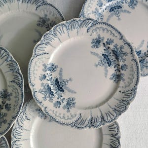 May include: A collection of white ceramic plates with a scalloped edge and a blue floral design. The plates have a vintage aesthetic, with a detailed pattern around the rim and floral motifs in the center. The plates are arranged on a white surface.