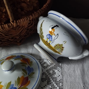 French Vintage Covered Pot. Henriot Quimper Decorative Mini Soup Tureen with Breton Design