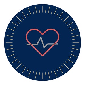 May include: A navy blue circular graphic featuring a red heart and a grey heartbeat line. The heart is centrally positioned, encircled by a gold-coloured, clock-like design with radiating lines.
