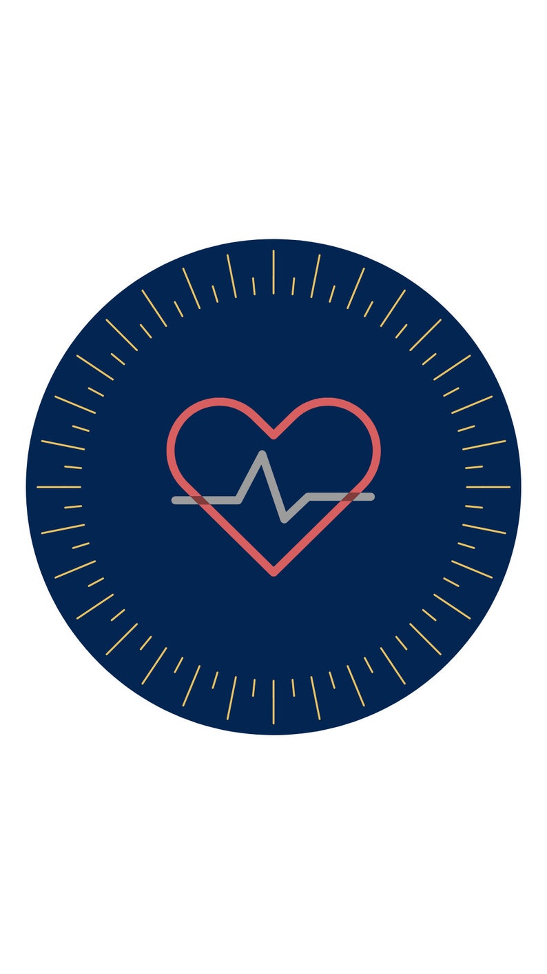 May include: A navy blue circular graphic featuring a red heart and a grey heartbeat line. The heart is centrally positioned, encircled by a gold-coloured, clock-like design with radiating lines.