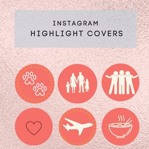 May include: Coral-coloured Instagram highlight covers with white icons. Designs include sports equipment, a games controller, books, paw prints, a family, friends, a heart, an aeroplane, noodles, dumbbells, a runner, and a heartbeat.
