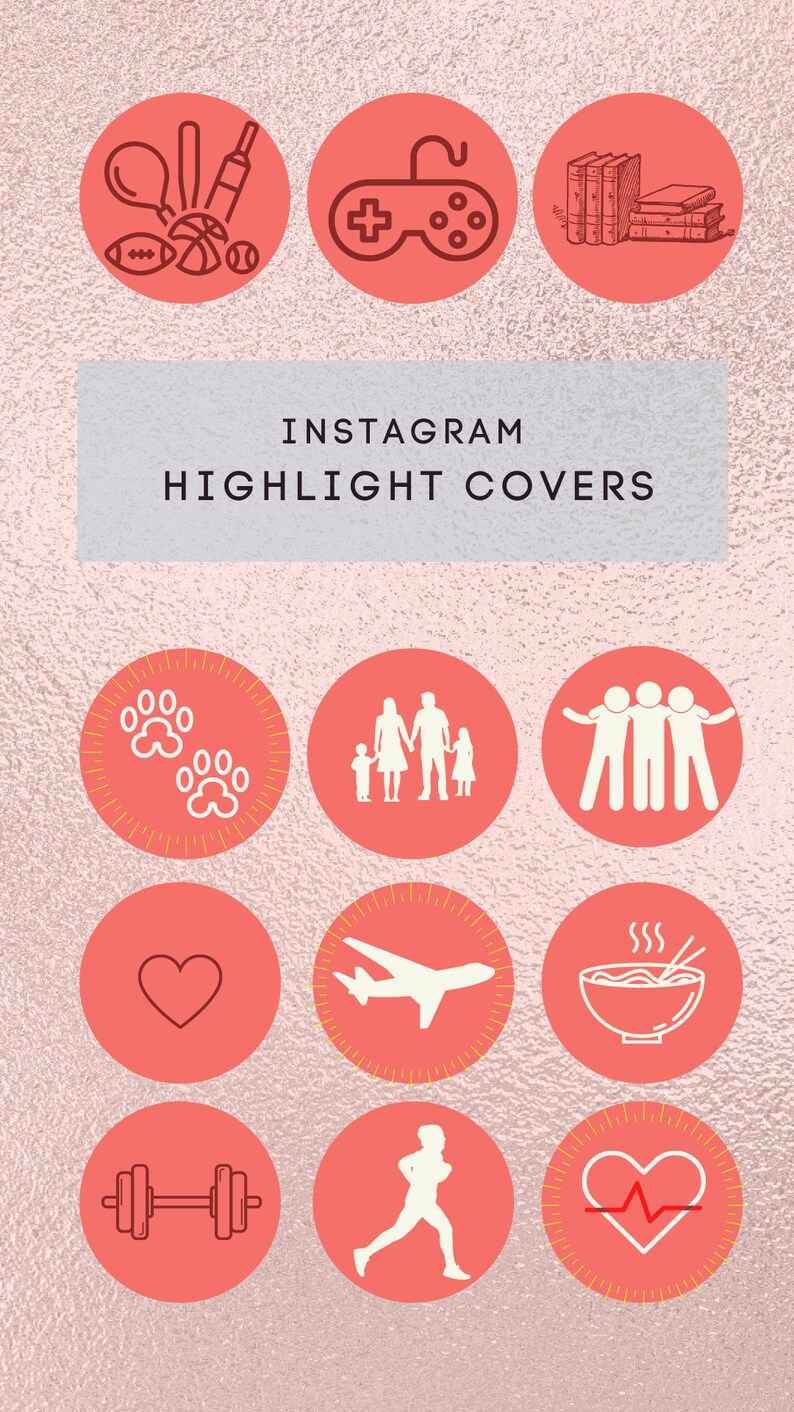 May include: Coral-coloured Instagram highlight covers with white icons. Designs include sports equipment, a games controller, books, paw prints, a family, friends, a heart, an aeroplane, noodles, dumbbells, a runner, and a heartbeat.