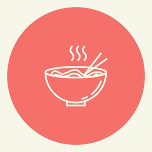 May include: A white line drawing of a bowl of noodles with steam rising, and chopsticks, set against a coral-coloured circle. The background is a light cream colour. The image is a simple, minimalist design.
