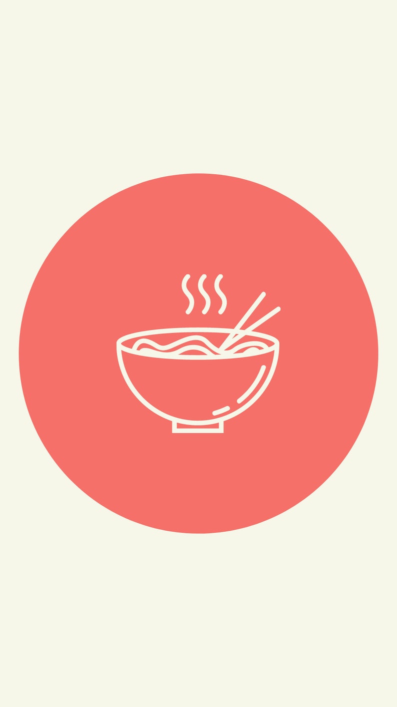 May include: A white line drawing of a bowl of noodles with steam rising, and chopsticks, set against a coral-coloured circle. The background is a light cream colour. The image is a simple, minimalist design.