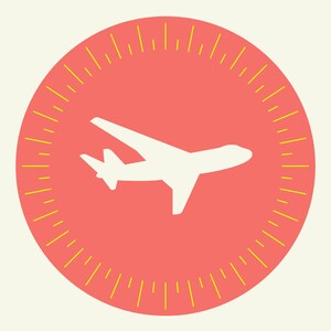May include: A white airplane silhouette is centered within a coral-coloured circle, surrounded by yellow radial lines. The background is a light cream colour. The image is a simple, graphic illustration.