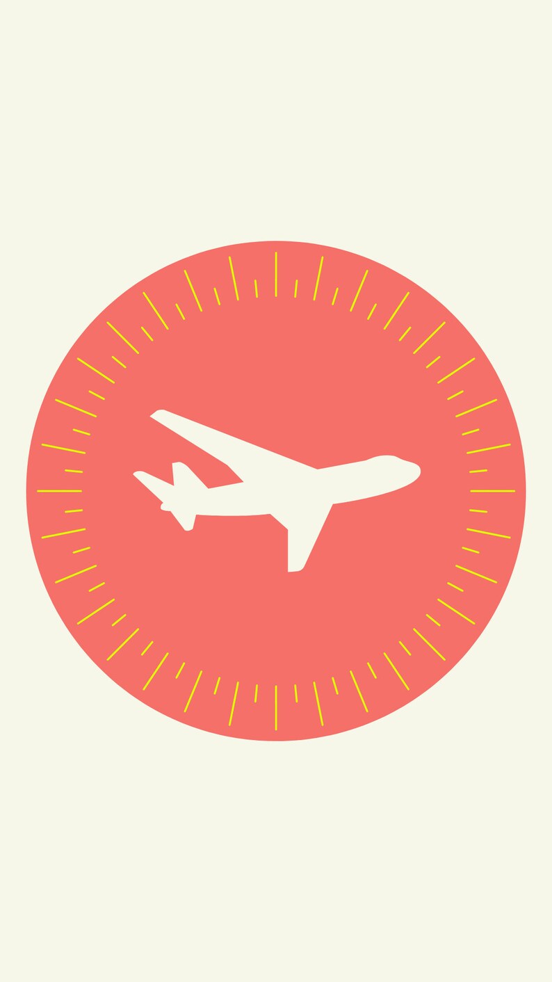 May include: A white airplane silhouette is centered within a coral-coloured circle, surrounded by yellow radial lines. The background is a light cream colour. The image is a simple, graphic illustration.