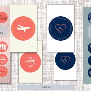 May include: Instagram highlight covers in various colours. The covers feature icons such as a heart, airplane, paw prints, and a bowl of soup. The text "Instagram Highlight Covers" is displayed on a grey rectangle.