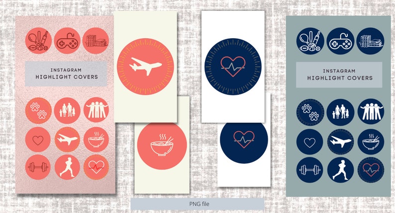 May include: Instagram highlight covers in various colours. The covers feature icons such as a heart, airplane, paw prints, and a bowl of soup. The text "Instagram Highlight Covers" is displayed on a grey rectangle.