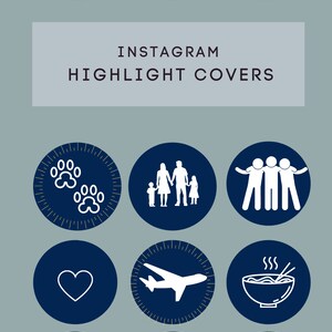 May include: Navy blue Instagram highlight covers featuring white icons. The icons depict sports equipment, a games controller, books, paw prints, a family, people, a heart, an aeroplane, noodles, a dumbbell, a runner, and a heartbeat.