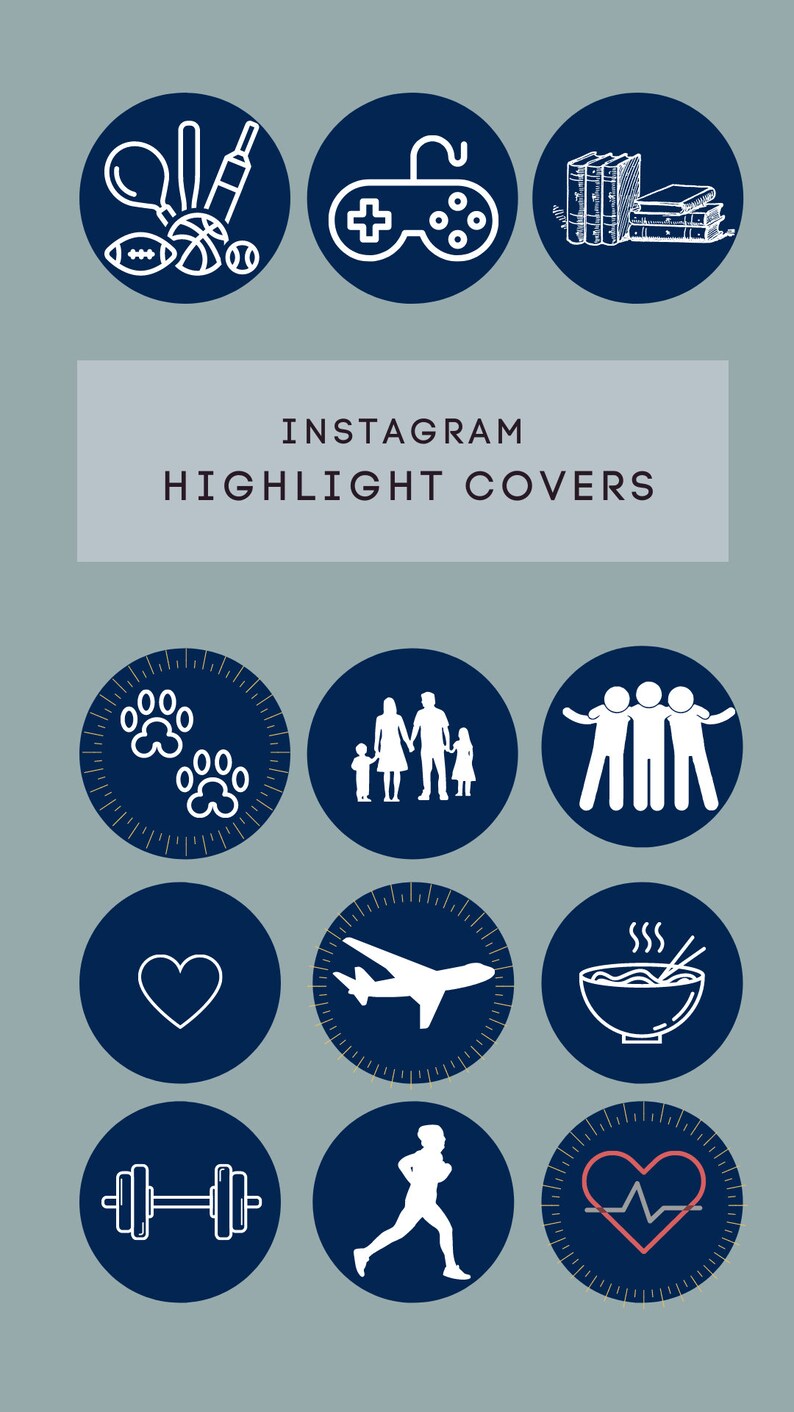 May include: Navy blue Instagram highlight covers featuring white icons. The icons depict sports equipment, a games controller, books, paw prints, a family, people, a heart, an aeroplane, noodles, a dumbbell, a runner, and a heartbeat.