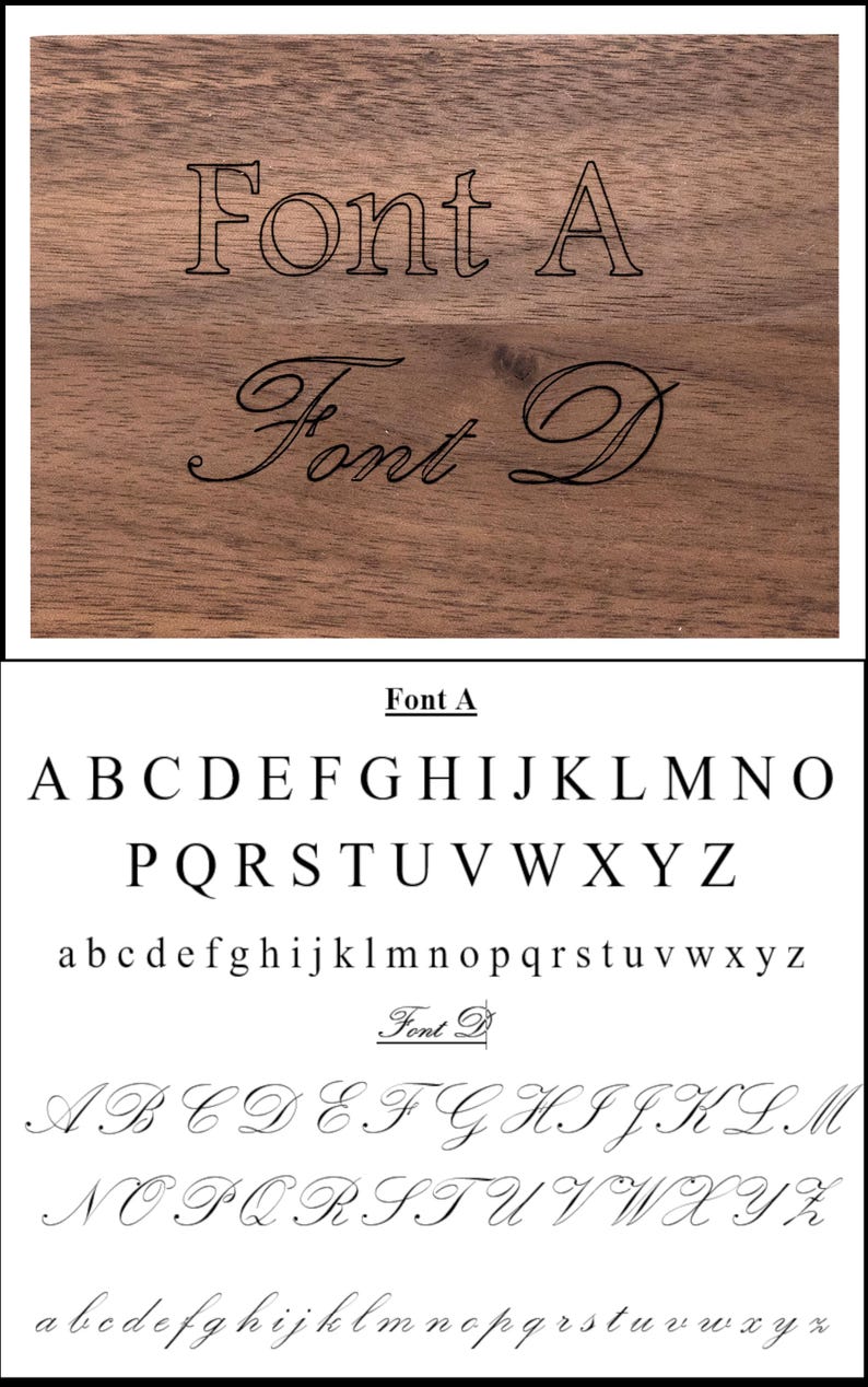 Op de afbeelding: Een houten oppervlak toont twee lettertypestijlen: "Font A" in een blokletterstijl en "Font D" in een cursief schrift. Hieronder worden de volledige alfabetten voor beide lettertypen weergegeven, inclusief hoofdletters en kleine letters, ter referentie.
