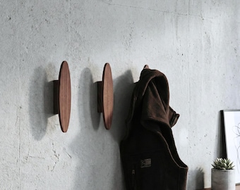 Wooden Oval Wall Hooks | Modern Minimalist Coat & Bag Hangers | Walnut Wall-Mounted Hooks for Entryway, Bedroom, Bathroom
