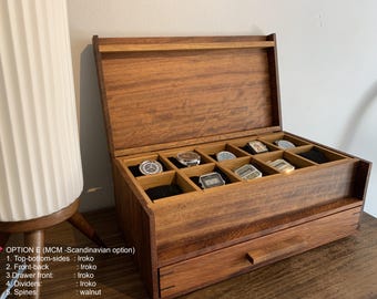 Handmade Iroko Wood Watch Box with Drawer, Personalized Engraving