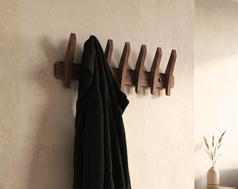 Mid-century modern walnotenhouten kapstok | Minimalistische houten wandhaken, organizer voor de hal