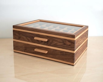 Handmade Black Walnut Watch Box Drawer 18-36 pockets - Personalized Watch Storage Case