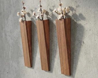 Teak Mid Century Modern Wood Wall Pocket – MCM Vertical Planter Vase for Eucalyptus, Dried Flowers – Minimalist Wall Decor