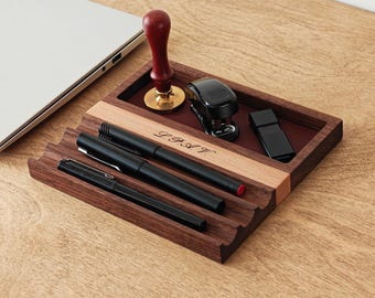 Custom Wooden Desk Organizer – Personalized Catch All Tray & Pen Holder – Engraved Gift for Him, Teacher – Father's Day or Anniversary Gift