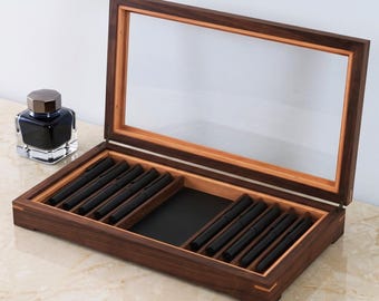 Solid Walnut Pen Display Box & Desk Organizer | Handmade Wooden Fountain Pen Holder