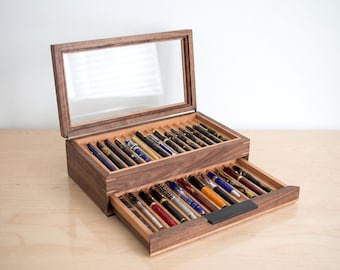 Handmade Walnut Pen Display Box with Drawer: Desk Organizer, Office Decor, Pen collector