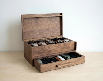 Handmade Watch Box with Drawer - Solid Black Walnut - 10 Watch Compartments - Personalized Gift