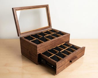 Watch Box with Drawer with 20 pockets-Dark walnut-Handmade