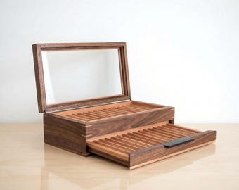 Handmade Walnut Pen Display Box with Drawer: Desk Organizer, Office Decor, Pen collector