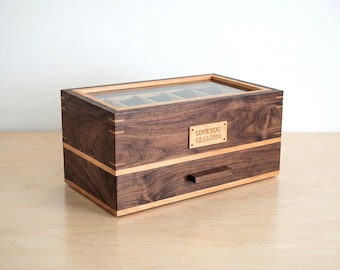 Watch box with drawer and window - Black Walnut Handmade - Personalized