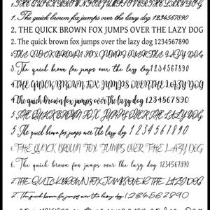 May include: A black and white chart titled FONT ENGRAVING OPTIONS displaying eight numbered rows. Each row features two lines of text: an uppercase version and a sentence case version of the phrase The quick brown fox jumps over the lazy dog.