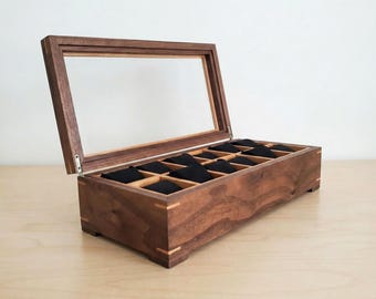 Personalized Black Walnut Watch Box with Glass Lid: Handmade Men's Gift